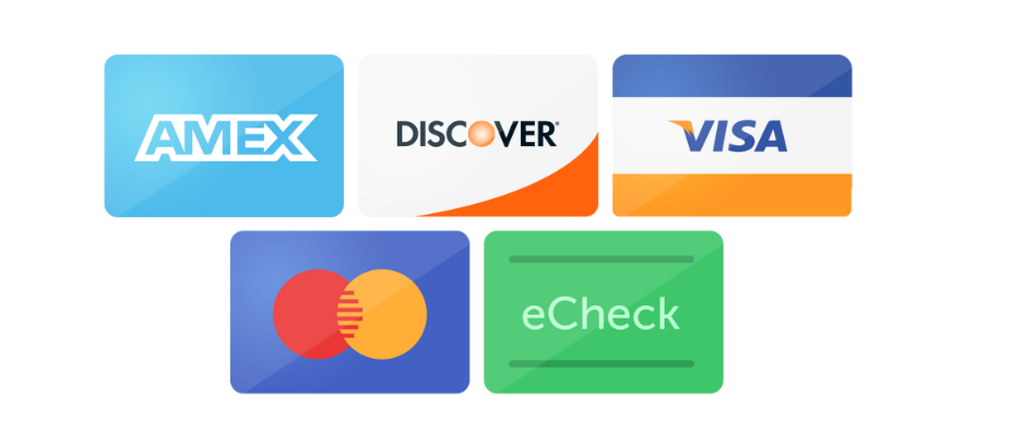 Credit Cards - Visa, Mastercard, American Express, Discover, eCheck