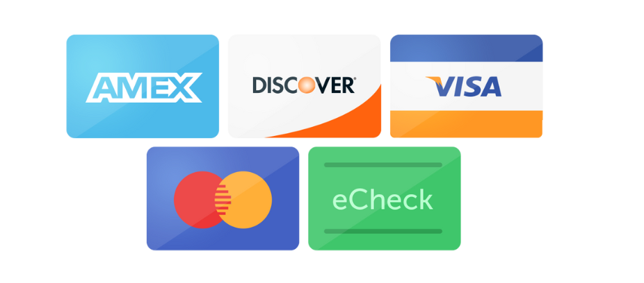 Credit Cards - Visa, Mastercard, American Express, Discover, eCheck
